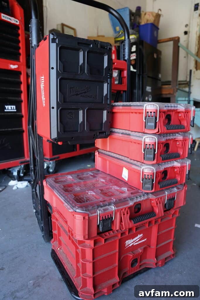 Milwaukee Packout Utility Cart with various Packout modules attached