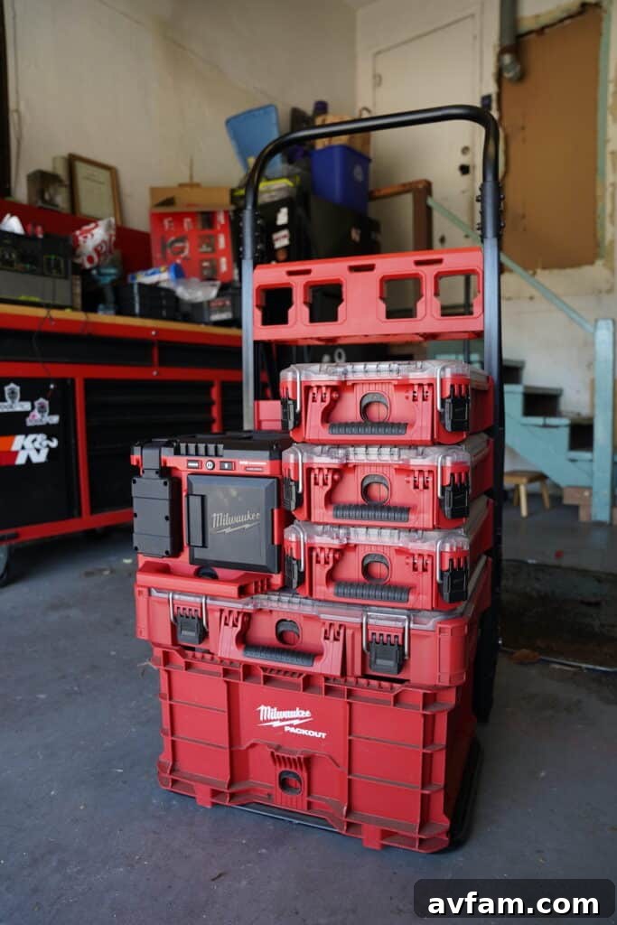 Close-up of the small trays on the Milwaukee Packout Utility Cart