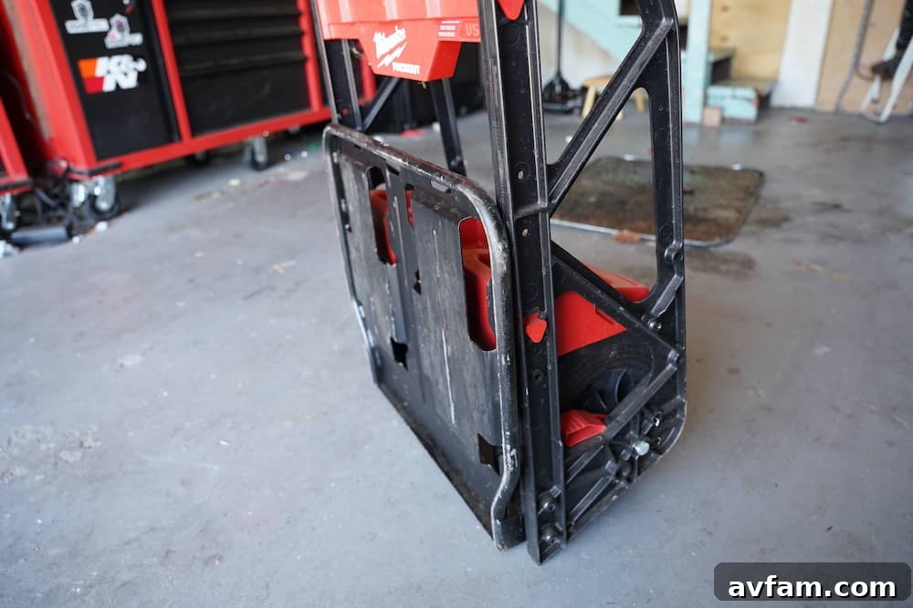 Milwaukee Packout Utility Cart stored flat against a wall