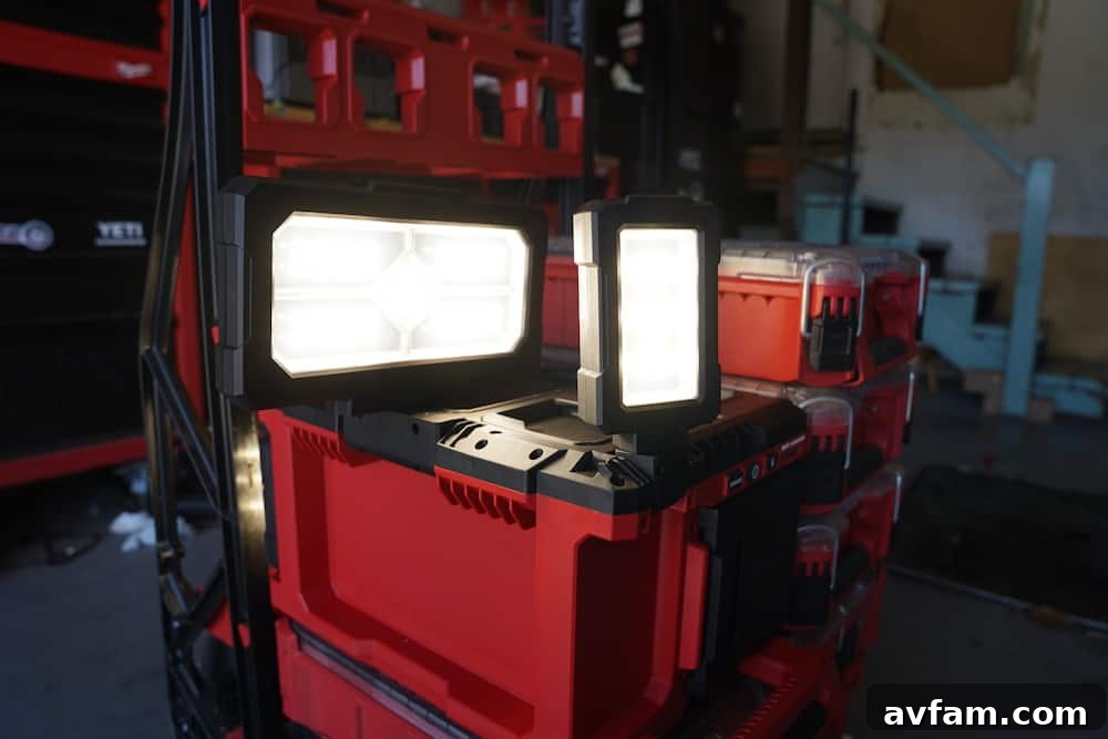 Milwaukee M18 Packout Light showcasing its adjustable LED heads.