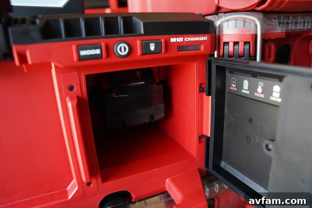 Milwaukee M18 Packout Light securely stacked on other Packout components.
