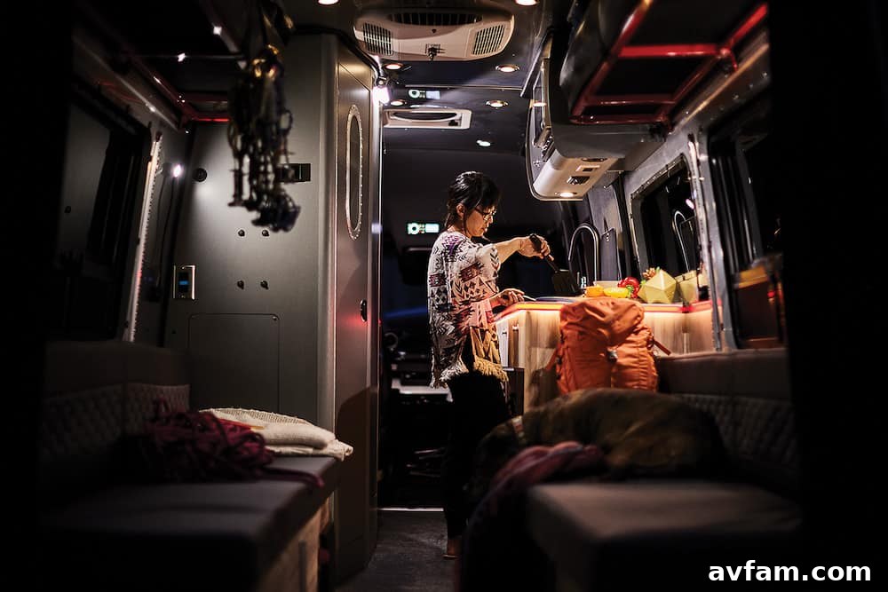 Airstream Interstate 24X kitchen showing cooktop and microwave.