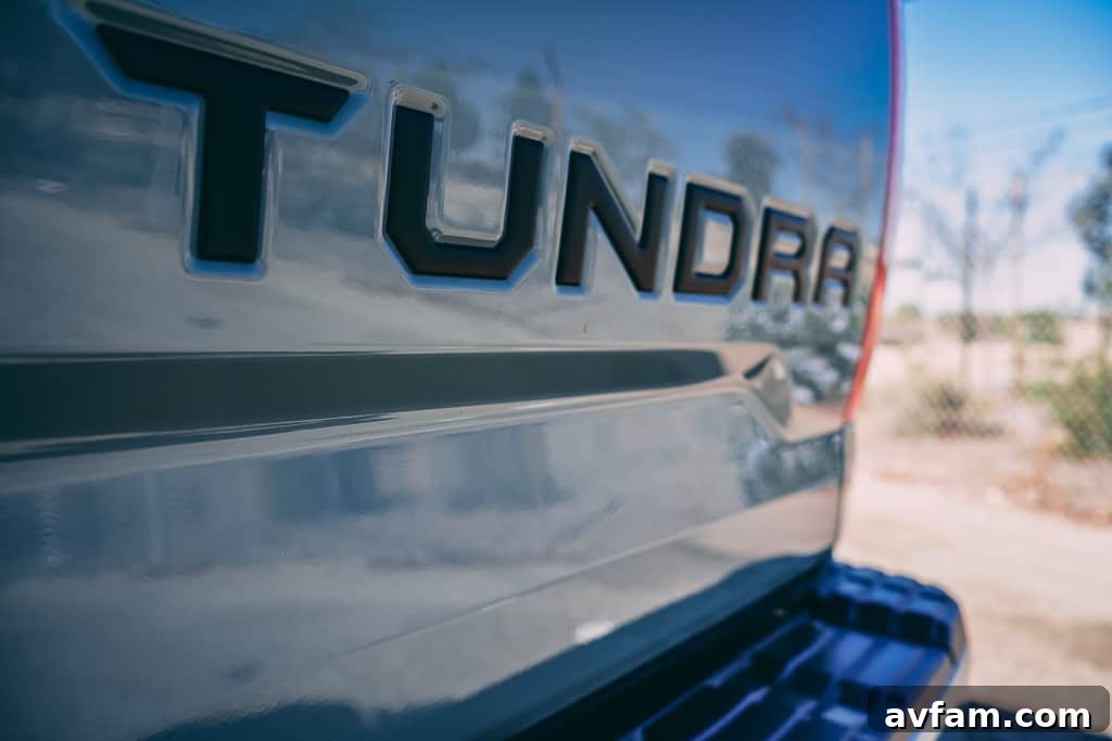 2021 Tundra TRD Pro driving away, leaving tire tracks in the sand