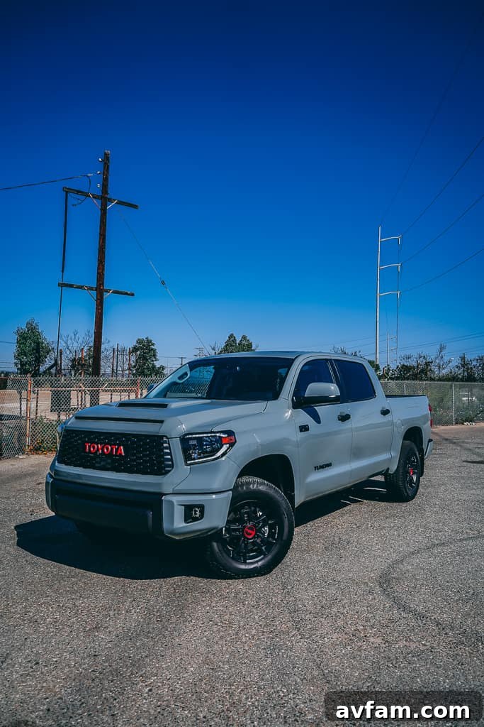 Front three-quarter view of the 2021 Tundra TRD Pro at dusk