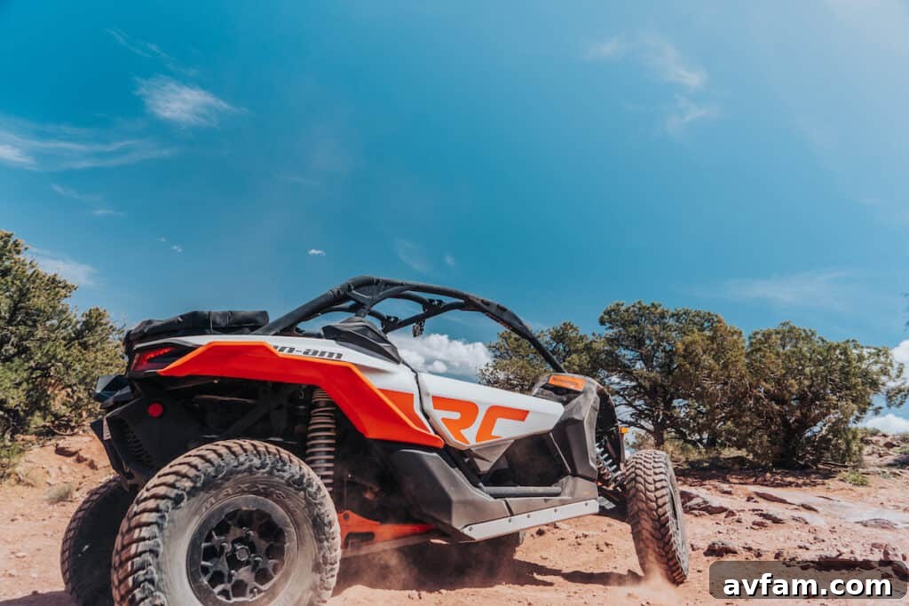 Expedition Maverick X3 Front View Front view of the expedition-ready Can-Am Maverick X3 on a desert trail.