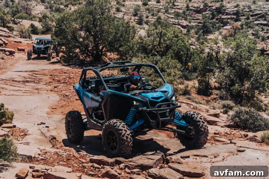 Maverick X3 Technical Trail Can-Am Maverick X3 navigating a challenging, narrow and technical trail section.
