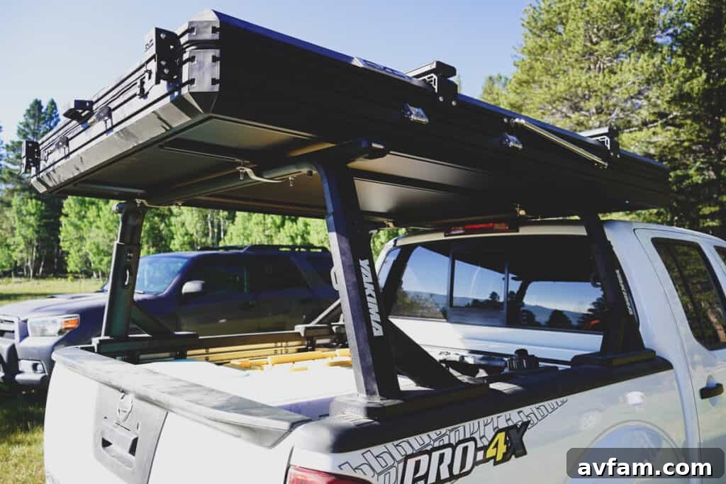 Close-up of Yakima Overhaul HD Bed Rack System with modular accessories mounted