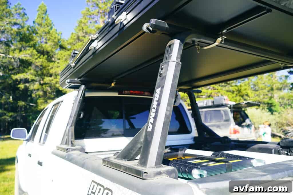 Various adventure gear mounted on the Yakima Overhaul HD System