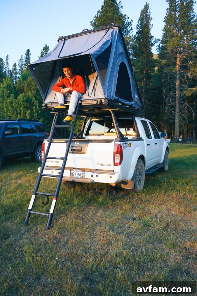 CVT Mt. Hood Hardshell Rooftop Tent CVT Mt. Hood hardshell rooftop tent deployed at a scenic campsite in Bridgeport, CA