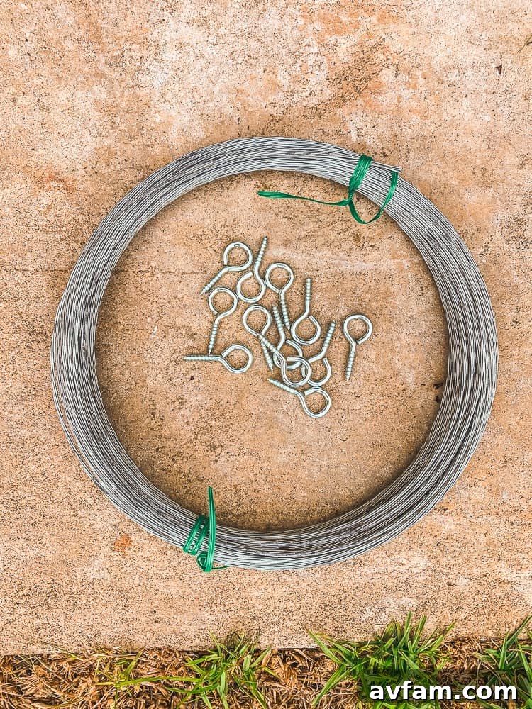 Assortment of tools and materials for building a wire trellis