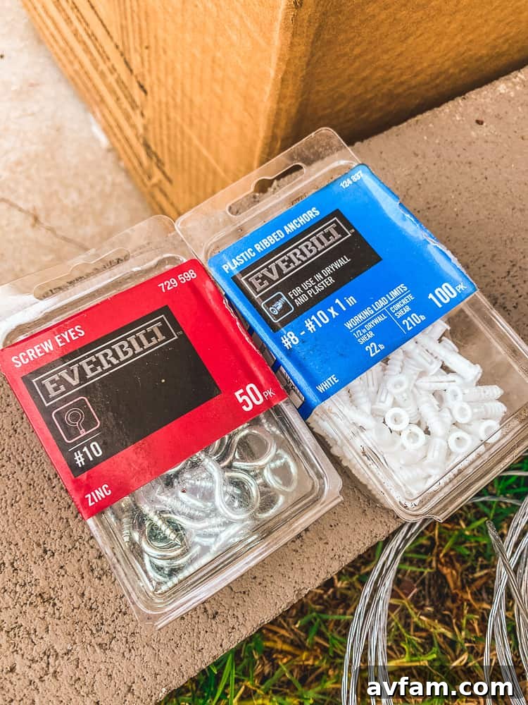 Close-up of zinc screw eyes and plastic wall anchors