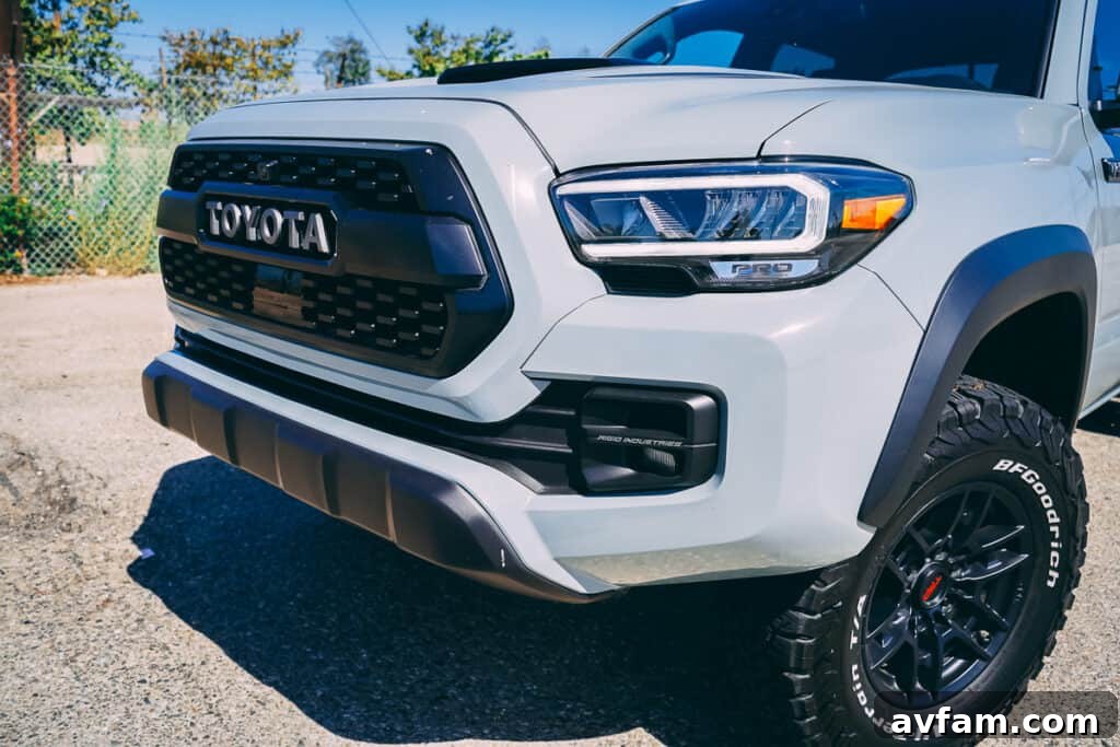 Close-up of the 2021 Toyota Tacoma TRD Pro's distinctive TRD grille