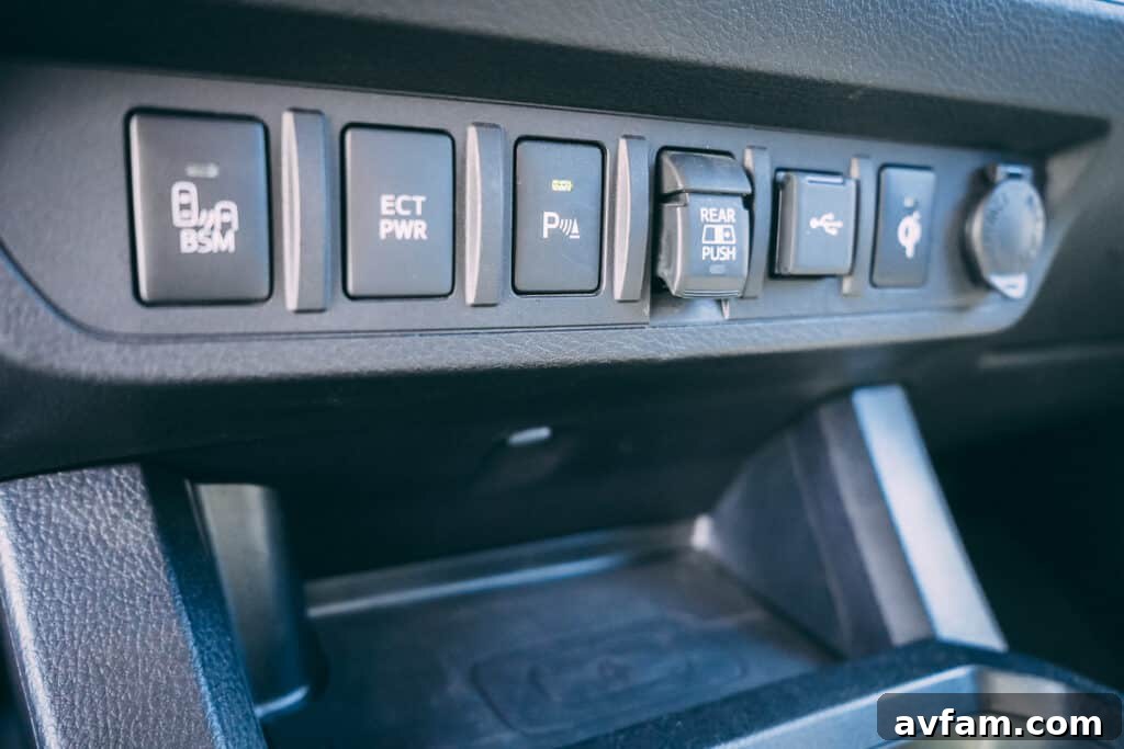 Detail of the 2021 Tacoma TRD Pro's climate control and various buttons