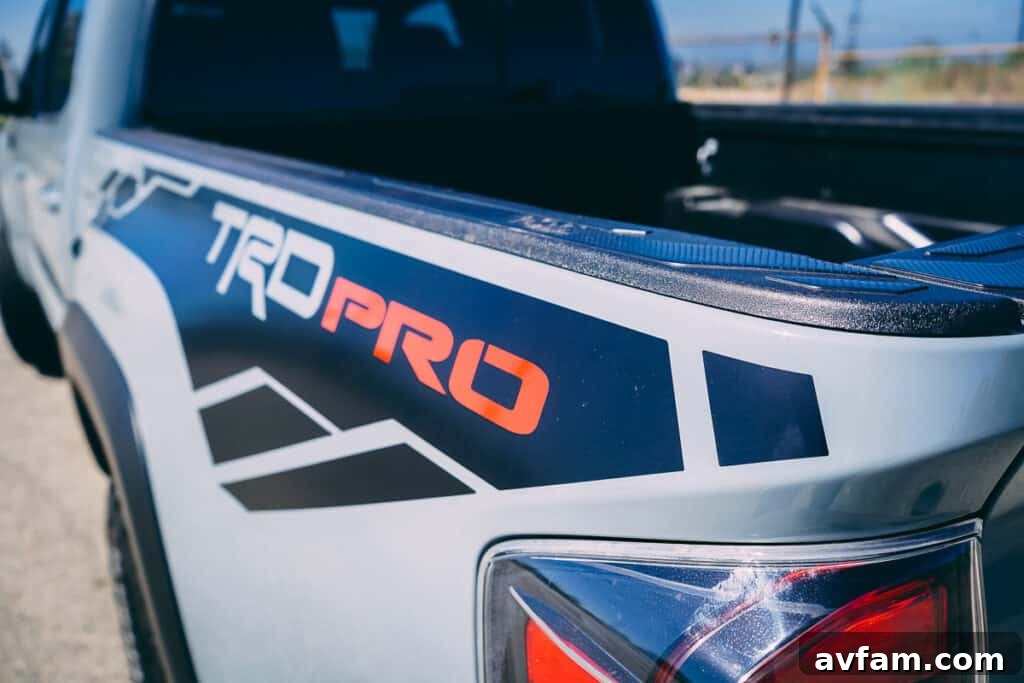 Detailed shot of the 2021 Tacoma TRD Pro's rear tailgate and badging
