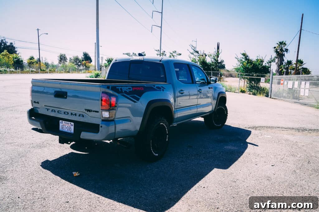 Three-quarter rear view of the 2021 Tacoma TRD Pro, showcasing its robust build