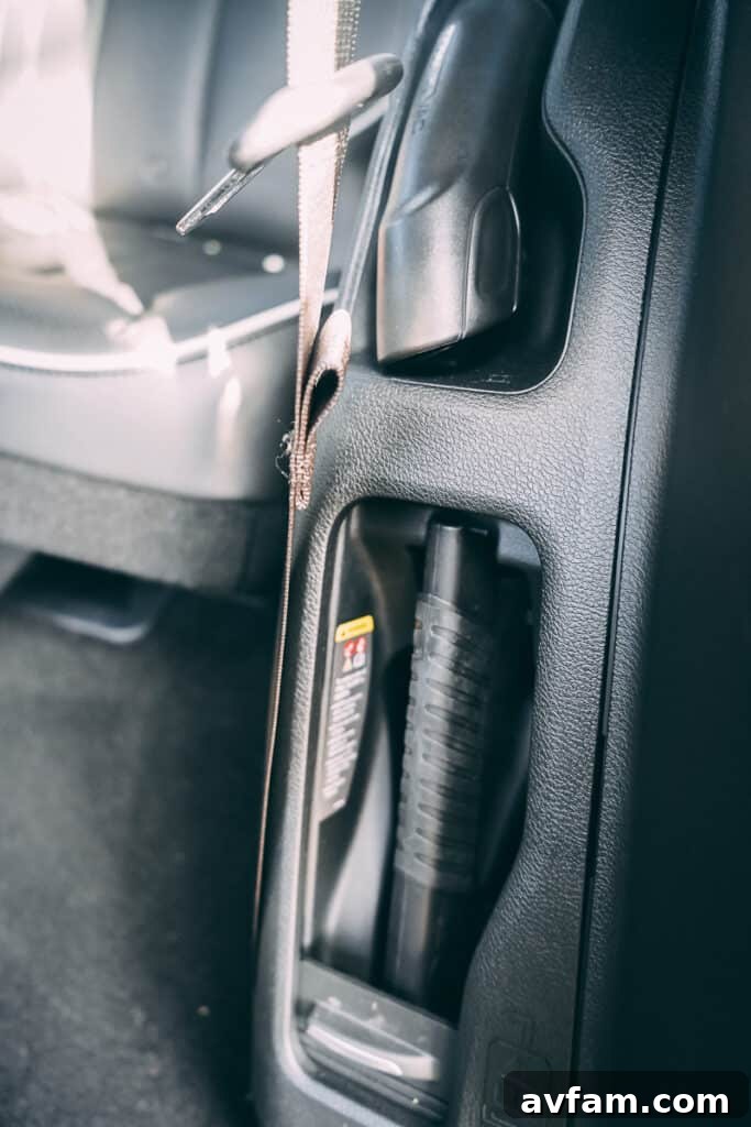 Detail of the Pacifica's door panel, showing trim and control buttons.