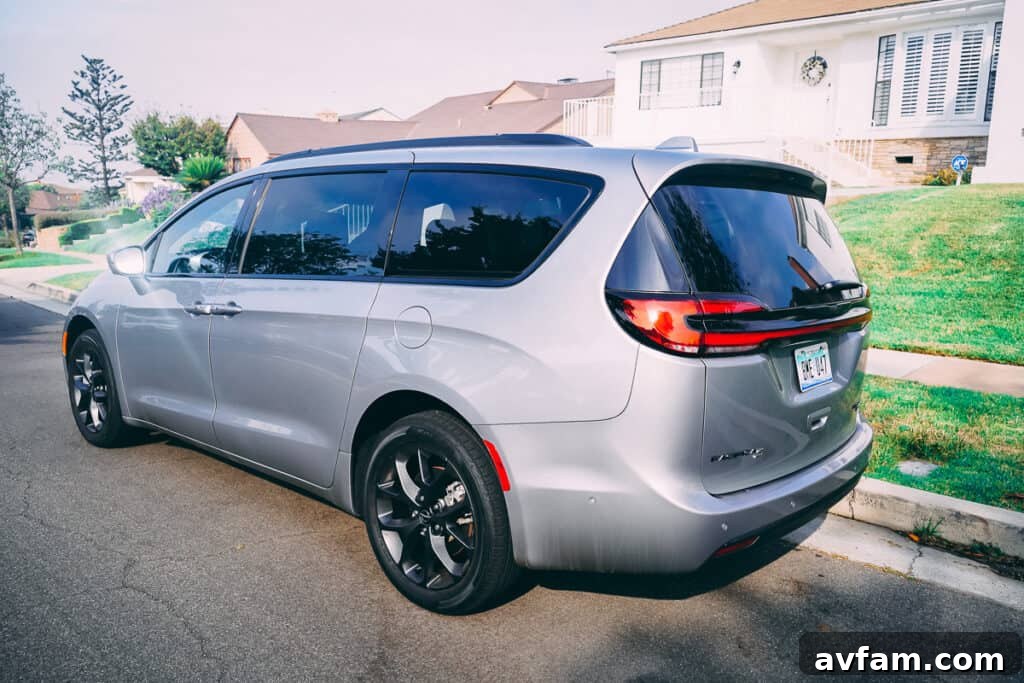 The Chrysler Pacifica's striking front profile, highlighting its premium badging.