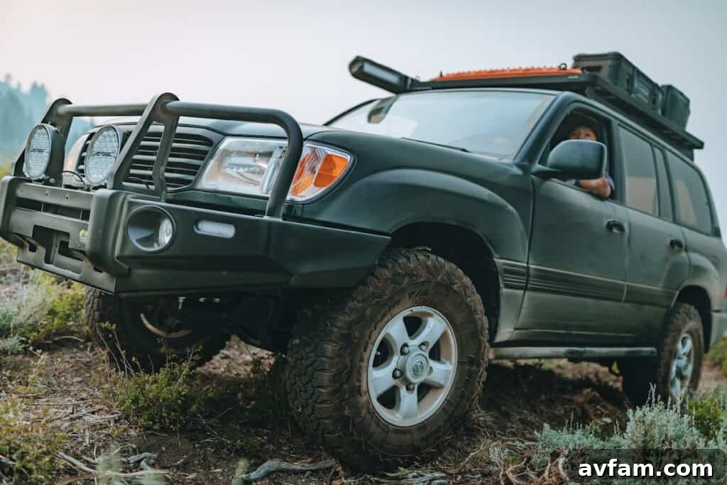Overland vehicles parked with an awning deployed for a break near an abandoned mine in Bodie Hills