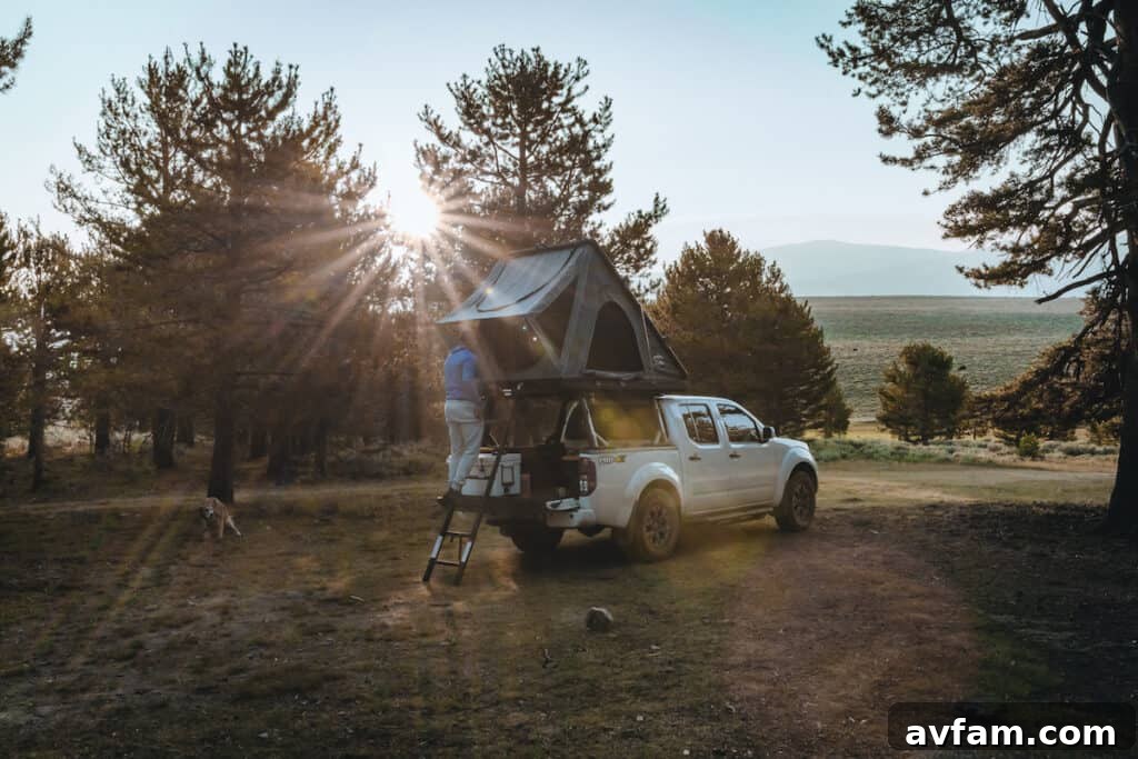 Morgan's Nissan Frontier Pro-4X with a CVT Mt. Hood rooftop tent securely mounted on Yakima bed racks