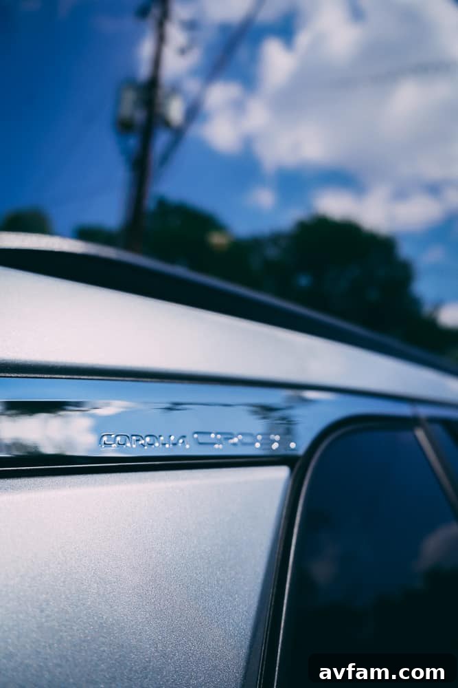 Side view of the 2022 Toyota Corolla Cross's alloy wheels and lower body cladding.