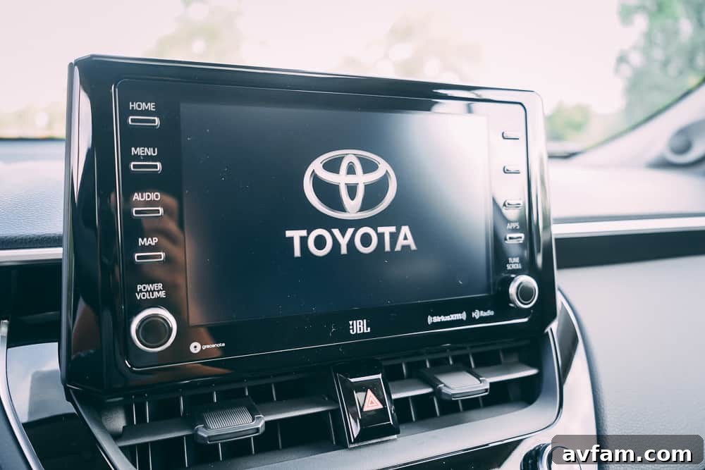 Interior view of the 2022 Toyota Corolla Cross dashboard, highlighting the multimedia touchscreen and climate controls.