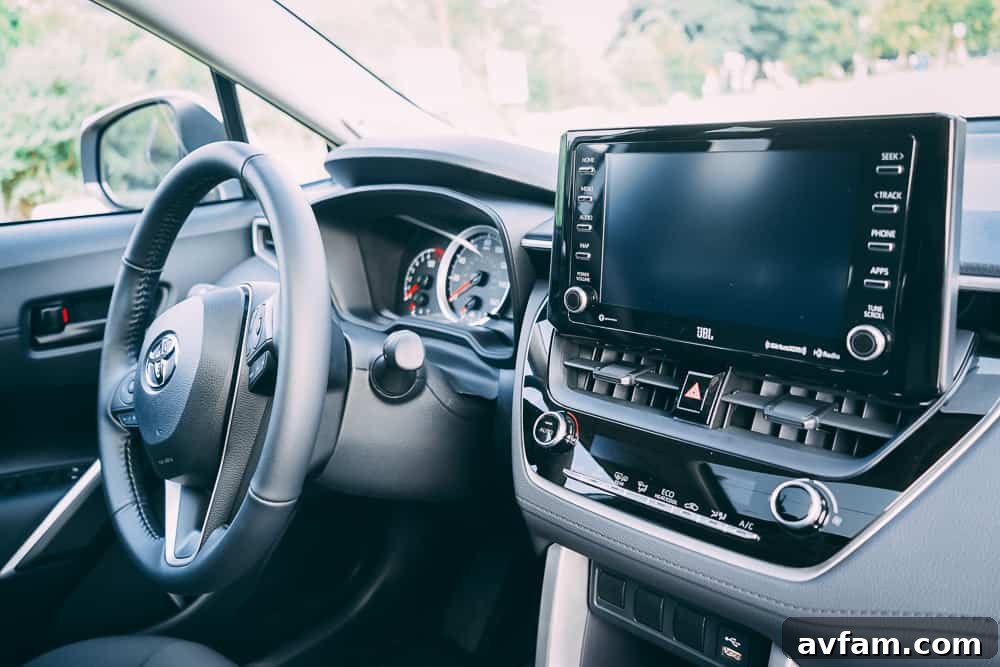 Interior view of the dashboard from the driver's seat of the 2022 Toyota Corolla Cross.