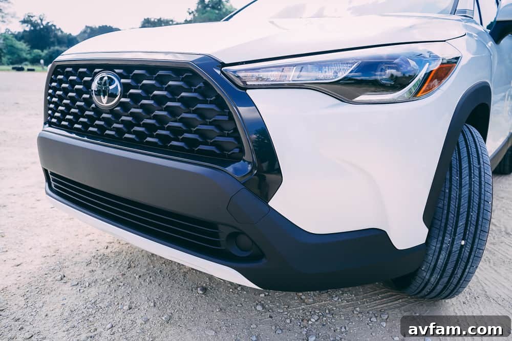 A high-angle shot of the 2022 Toyota Corolla Cross's front exterior.