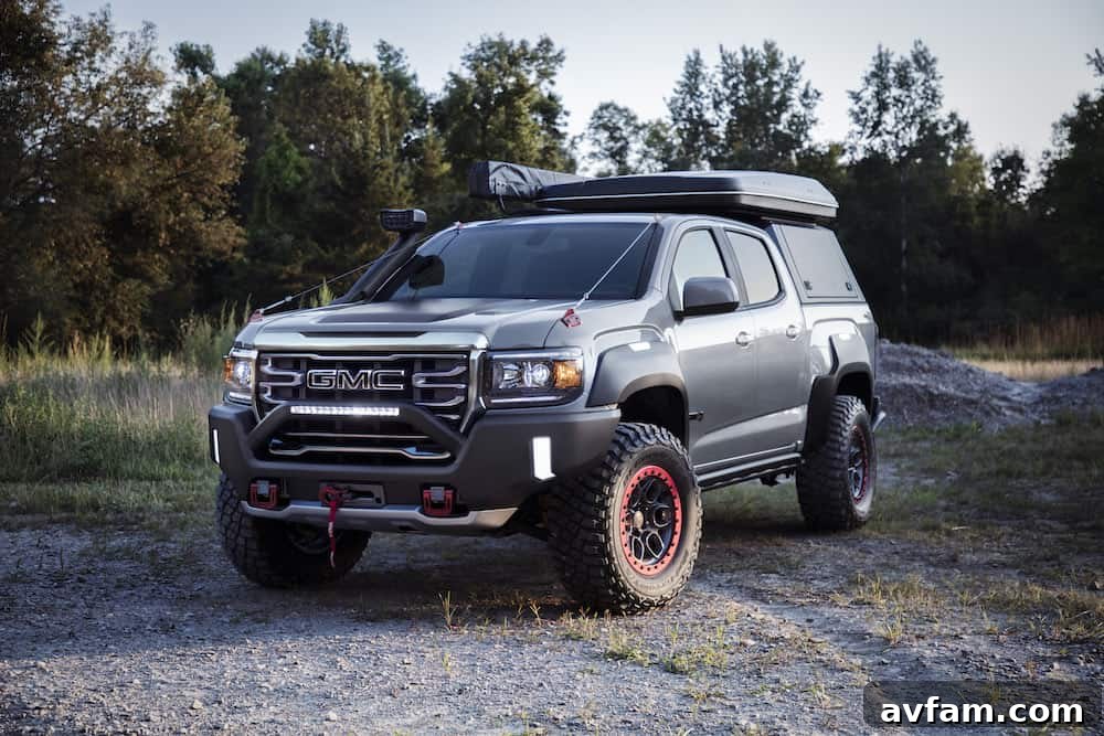 GMC Canyon AT4 Overland Concept showcasing its aggressive front fascia and off-road tires