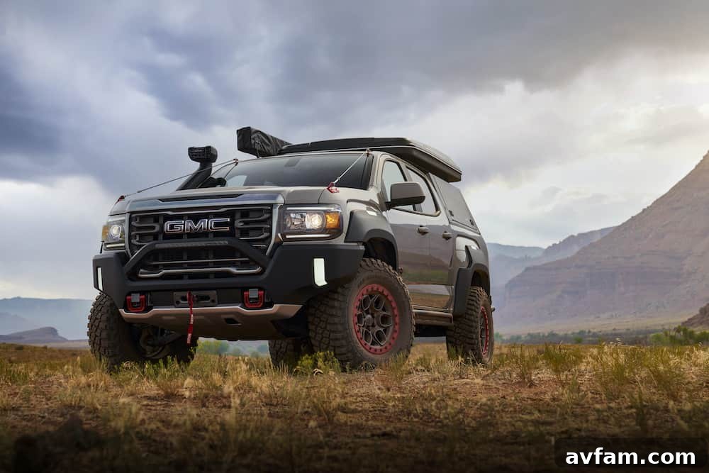GMC Canyon AT4 Overland Concept close-up on front wheel and suspension