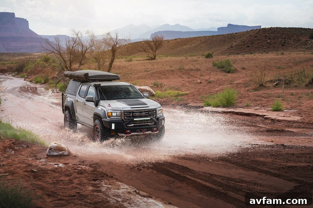 Detail shot of the GMC Canyon AT4 Overland Concept's off-road tires and fender flares