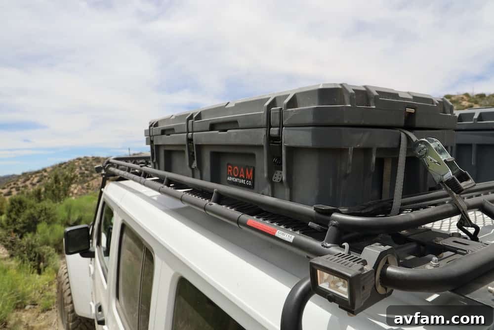 Roam Adventure Durable Cases Close-up of Roam Adventure cargo box with gas struts