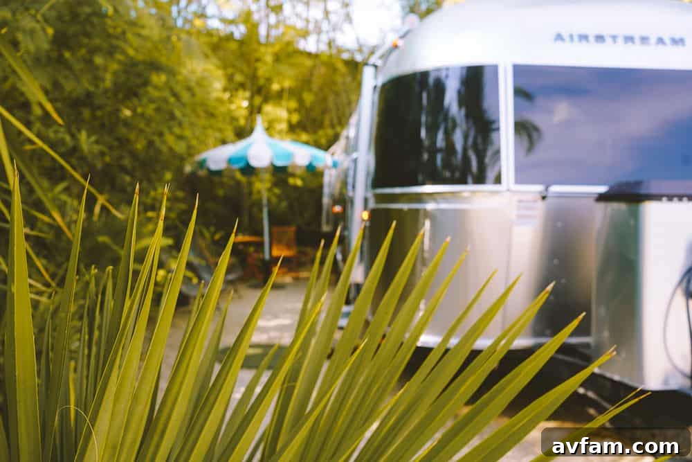 The luxurious interior of an Airstream at Caravan Outpost, ready for a comfortable stay.