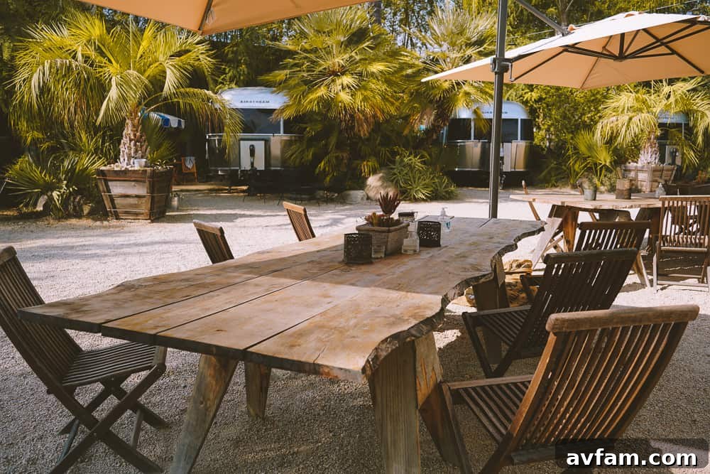 A detailed shot of the communal fire pit area, inviting guests to relax.