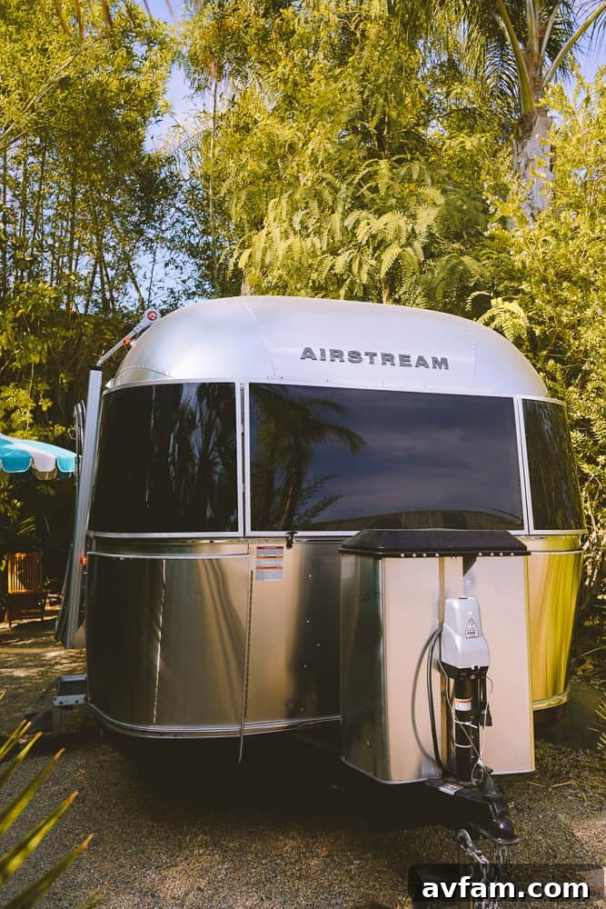 An evening shot of the Airstreams, glowing under the string lights.