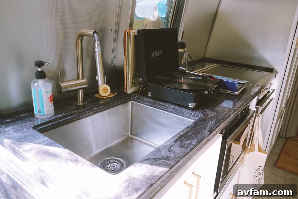 The bright and airy interior of the Airstream, designed for comfort.