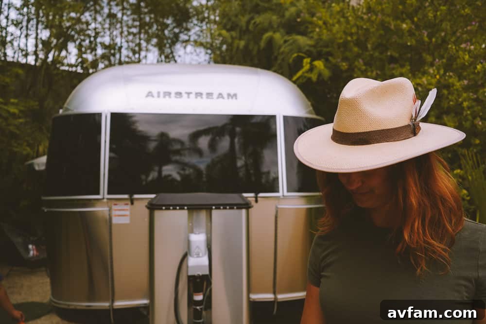 The sleek interior of an Airstream, featuring modern design and comfortable furnishings.