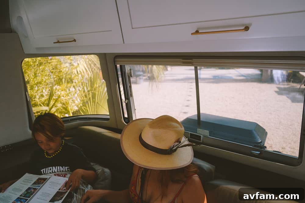 The dining area of the Airstream, convertible into a bed, demonstrating smart space utilization.