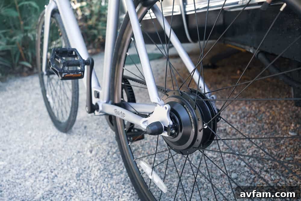 Close-up of Ride1Up Roadster V2 hub motor and rear wheel