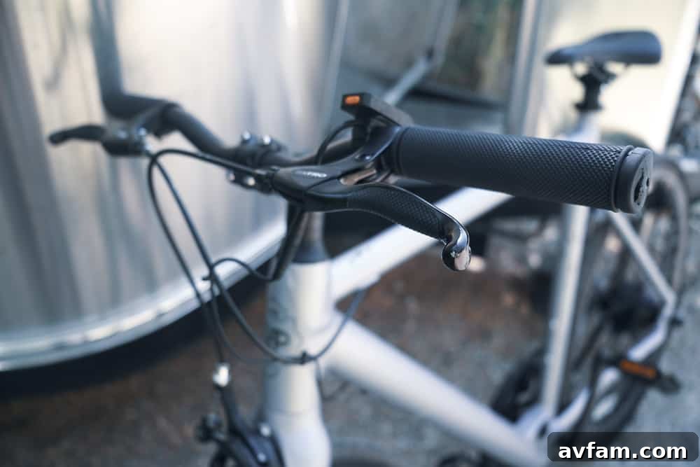 Close-up of Ride1Up Roadster V2 handlebars and front wheel