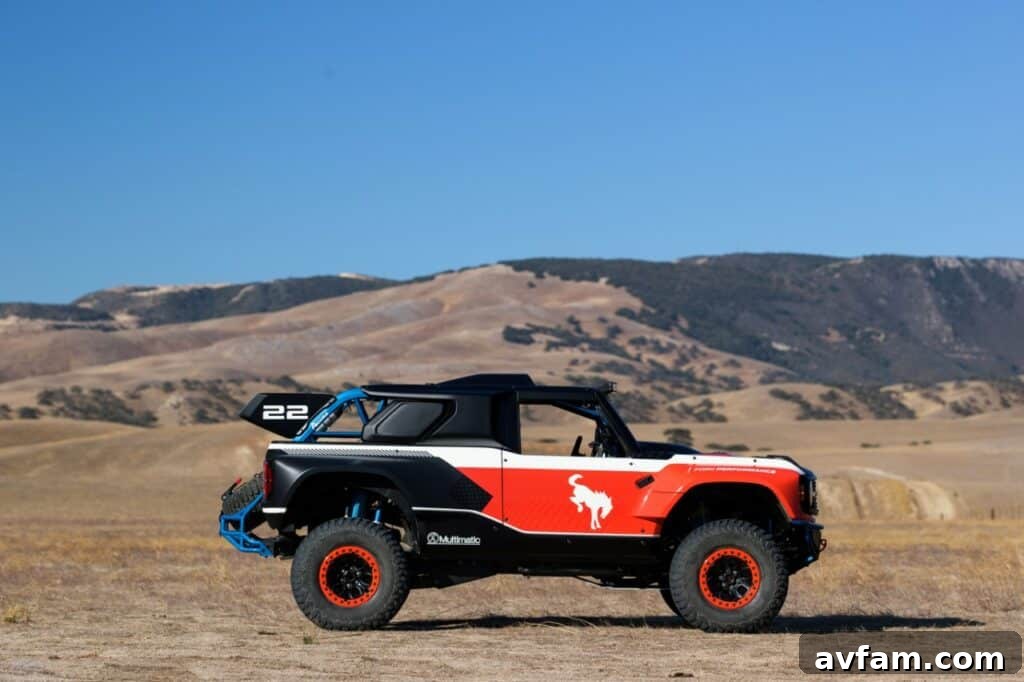 Ford Bronco DR: Conquer Baja Dreams 11 Side view of the Bronco DR showing its extended suspension travel