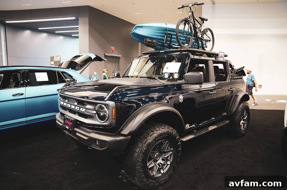 Custom Ford Bronco at SEMA Custom blue Ford Bronco with off-road modifications at SEMA Show 2021