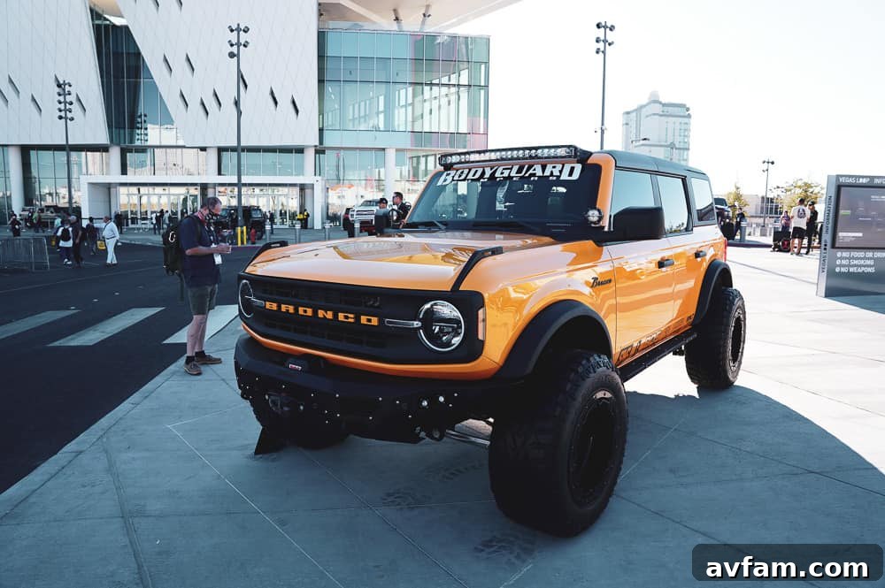 Custom Ford Bronco at SEMA Desert-themed Ford Bronco with unique body cladding and exhaust at SEMA