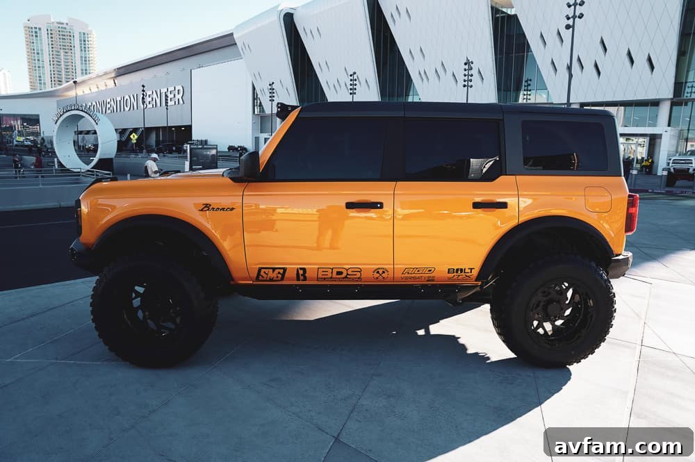 Custom Ford Bronco at SEMA Green Ford Bronco with heavy-duty off-road suspension and accessories at SEMA