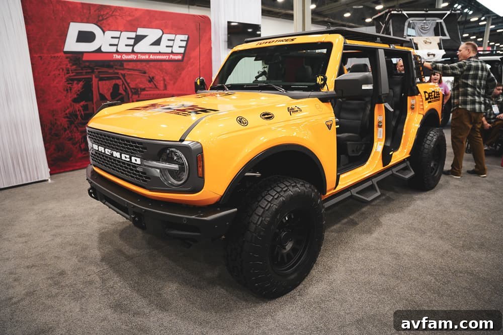 Custom Ford Bronco at SEMA Another view of a highly customized Ford Bronco at SEMA with aftermarket lights