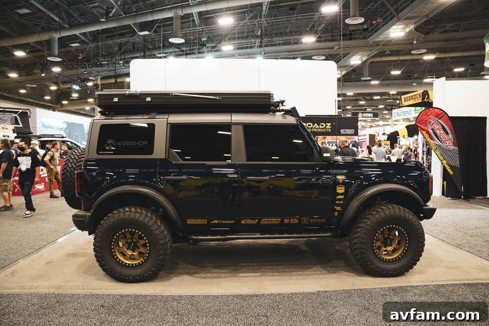 Custom Ford Bronco at SEMA Ford Bronco with bright blue accents and performance enhancements at SEMA
