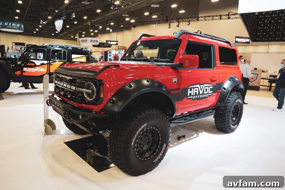 Custom Ford Bronco at SEMA Dual-tone Ford Bronco with contrasting accents and off-road tires at SEMA