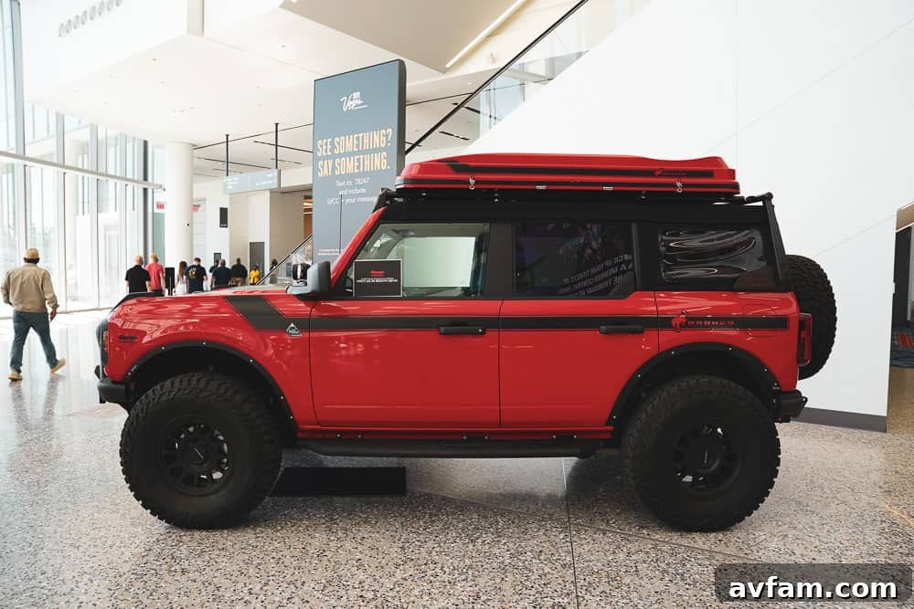Custom Ford Bronco at SEMA Detailed shot of a Ford Bronco's custom fender flares and aggressive stance at SEMA