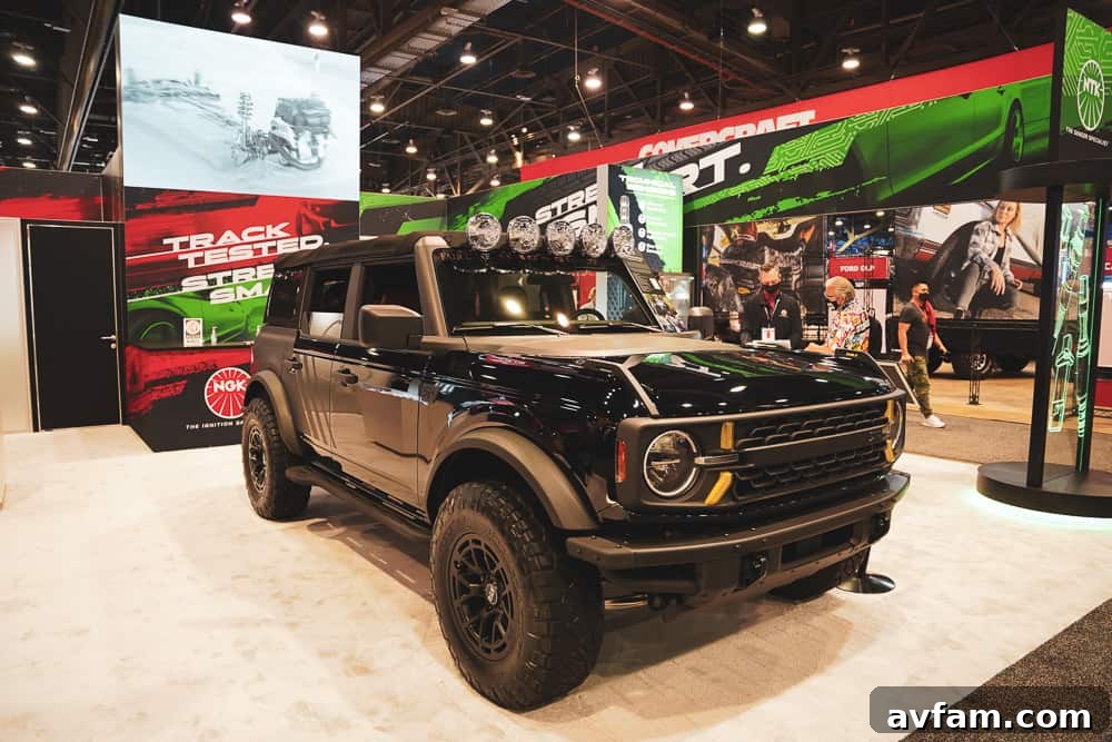 Custom Ford Bronco at SEMA Black and white themed Ford Bronco with modern off-road touches at SEMA