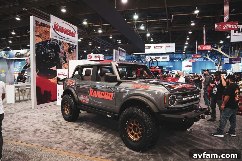 Custom Ford Bronco at SEMA Ford Bronco featuring unique wheel and tire combination for enhanced grip at SEMA