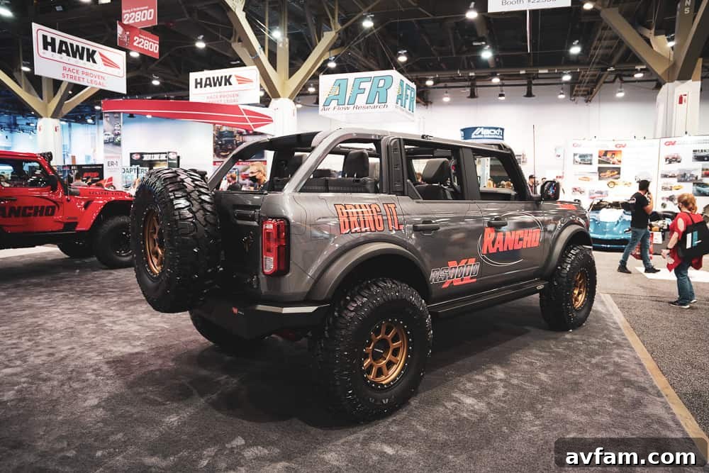 Custom Ford Bronco at SEMA Close-up of a Ford Bronco's custom suspension and undercarriage at SEMA